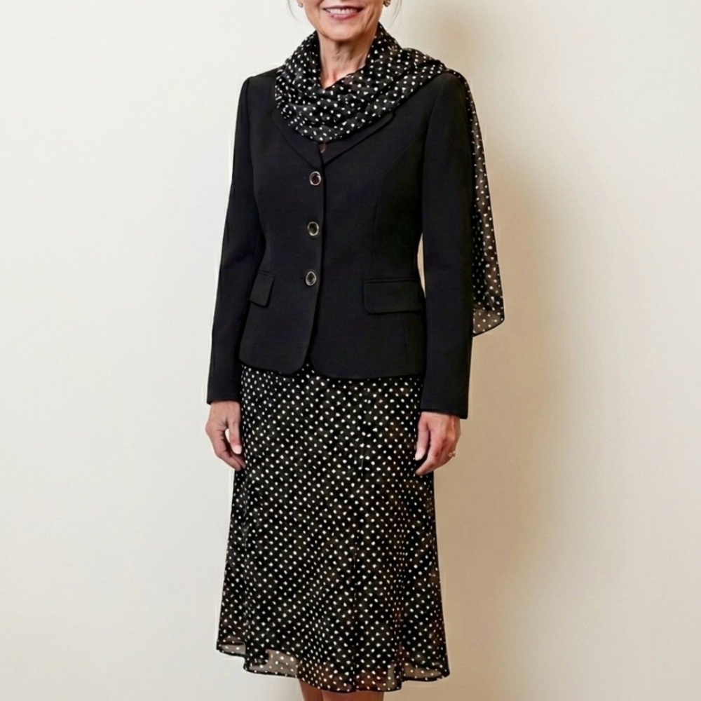 Evan-Picone Suit Set 8P Black Polka Dot Blazer Skirt Scarf Career Office Petite